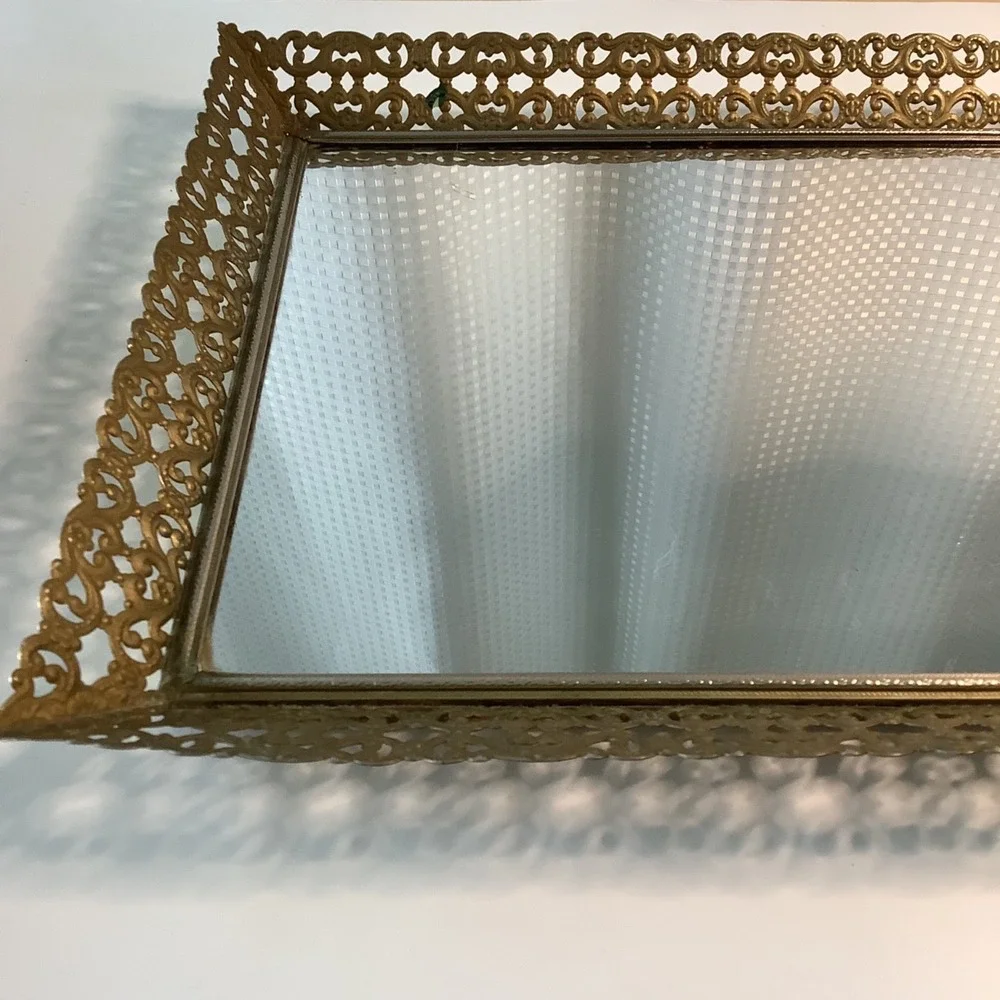 Vintage Mirror Vanity Tray Gold Filigree Metal Rectangle Hollywood Regency MCM
